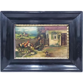 Antique German Signed Painting, Oil on Board