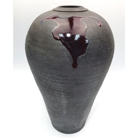 Black Pottery Vase w/ Red Glaze in One Area