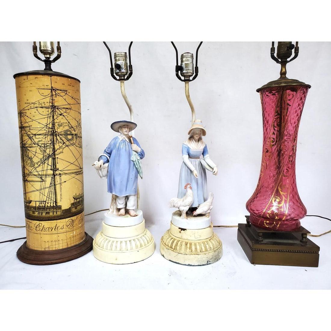 Lot of 4 Antique Lamps: Lot of 4 Antique Lamps Including 2 Porcelain & 1 Glass. Condition: Generally Good, Needs Cleaning. Please Note- We Do Not Guarantee the Workability or Wiring of Any Lamps or Chandeliers. Dimensions: T