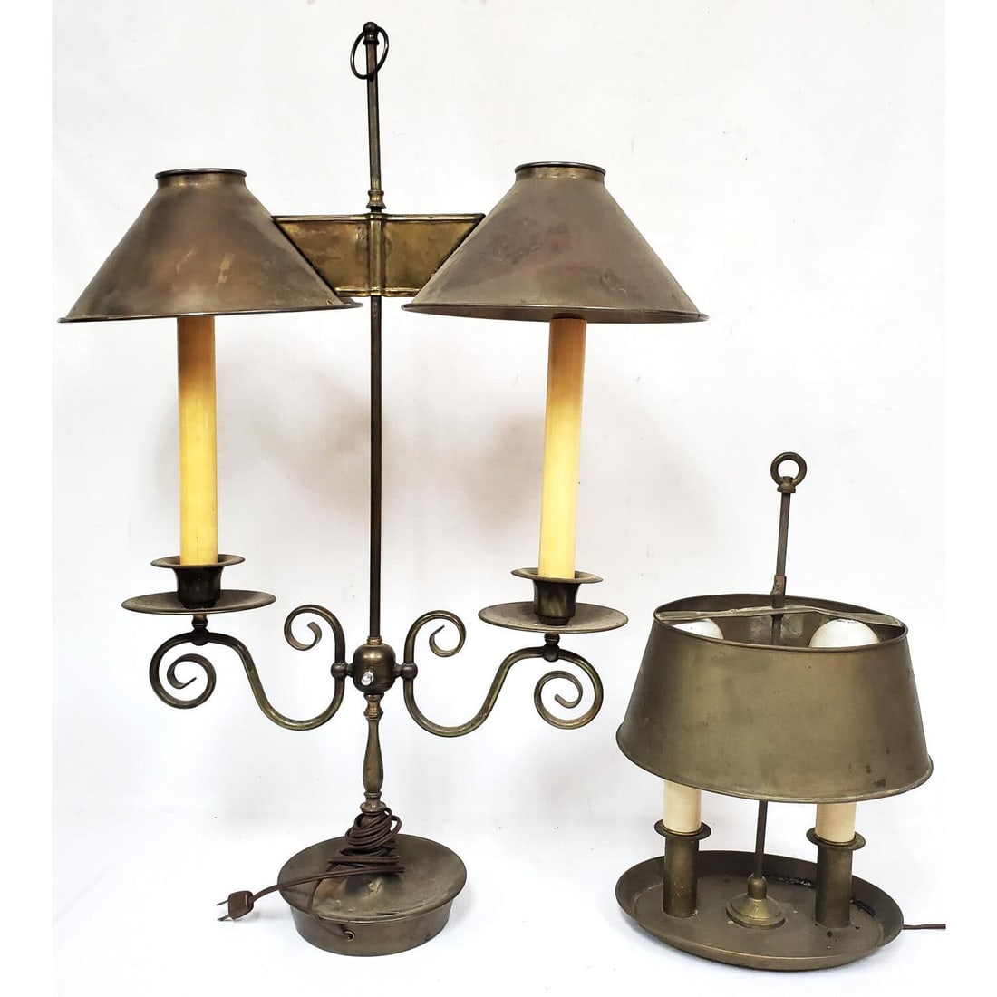 Lot of 2 Antique Bouillotte Lamps: Lot of 2 Antique Bouillotte Lamps. Condition: Generally Good, Needs Cleaning. Please Note- We Do Not Guarantee the Workability or Wiring of Any Lamps or Chandeliers. Dimensions: Tallest Including Fini