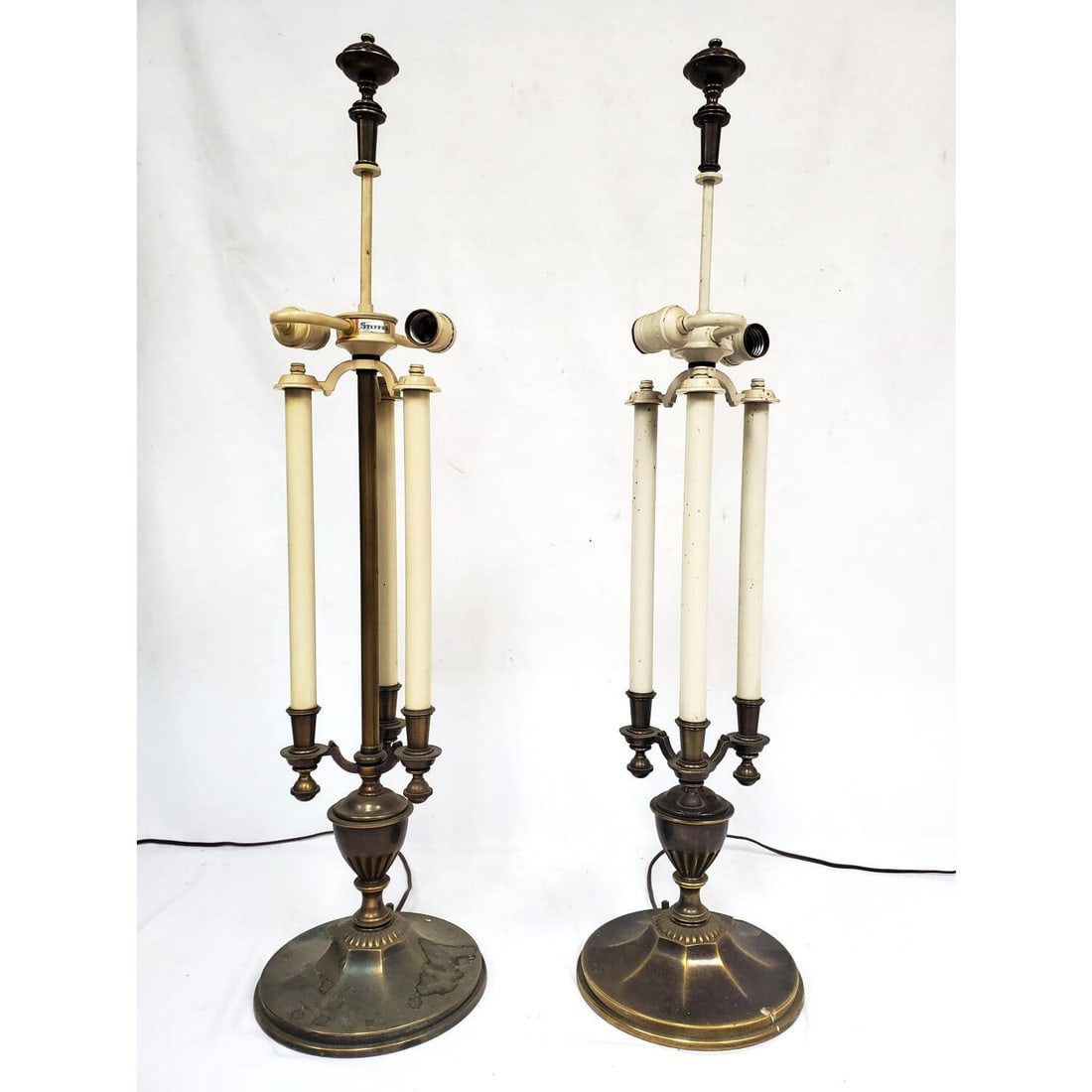 Pair of Antique Bouillotte Lamps: Pair of Antique Bronze Bouillotte Lamps. Condition: Generally Good, Needs Cleaning. Please Note- We Do Not Guarantee the Workability or Wiring of Any Lamps or Chandeliers. Dimensions: Including Finial