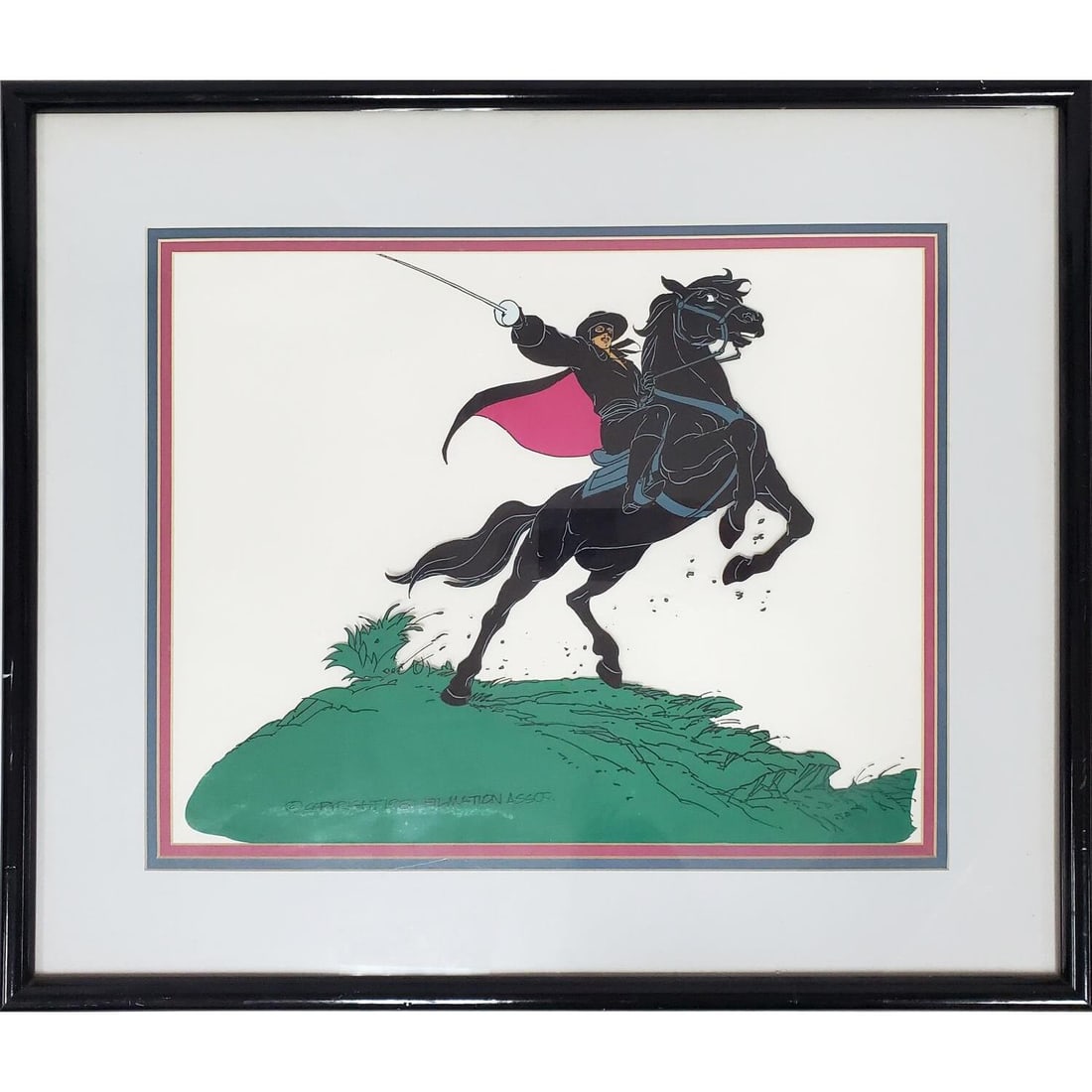 "The Adventures of Zorro" Publicity Animation Cel: "The Adventures of Zorro" Publicity Animation Cel. Dated 1981. With Certificate of Authenticity on the Back. In Original Frame Under Glass. Has Not Been Examined Out of Frame. Condition: Generally Goo