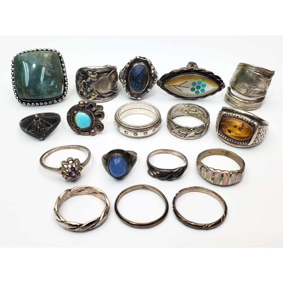 Group Lot of Silver Rings: Group Lot of Silver Rings. Condition: Sold As Is. Dimensions: Various Sizes. Gross Weight: 119.7g / 3.850ozt. Provenance: From a Long Island, NY Home. Please note the absence of a Condition Report doe