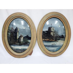 2 Antique Reversed Painted Glass Convex Plaques