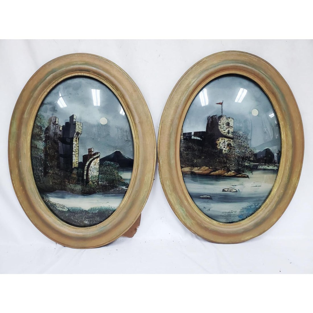 2 Antique Reversed Painted Glass Convex Plaques (1 of 3)