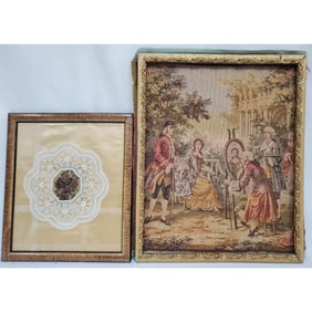 Lot of 2 Vintage Framed Embroidered Items