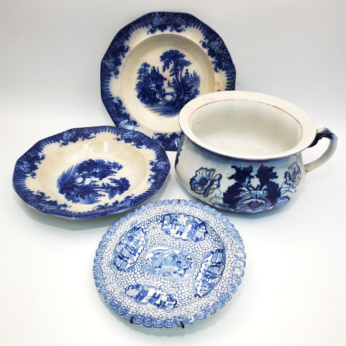4 Blue & White Items Including T.F. & Co Plates: Lot of 4 Blue & White Items Including a Set of 2 T.F. & Co Thomas Furnival Rhone Ironstone Plates. Fully Marked. Condition: Sold As Is. Dimensions: Largest (Bowl)-H-5.25" x Dia-8.5". Provenance: From