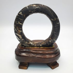 Chinese Stone Bangle Bracelet w/ a Wood Stand