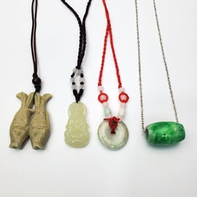 4 Chinese Probably Jadeite Pendant Necklaces