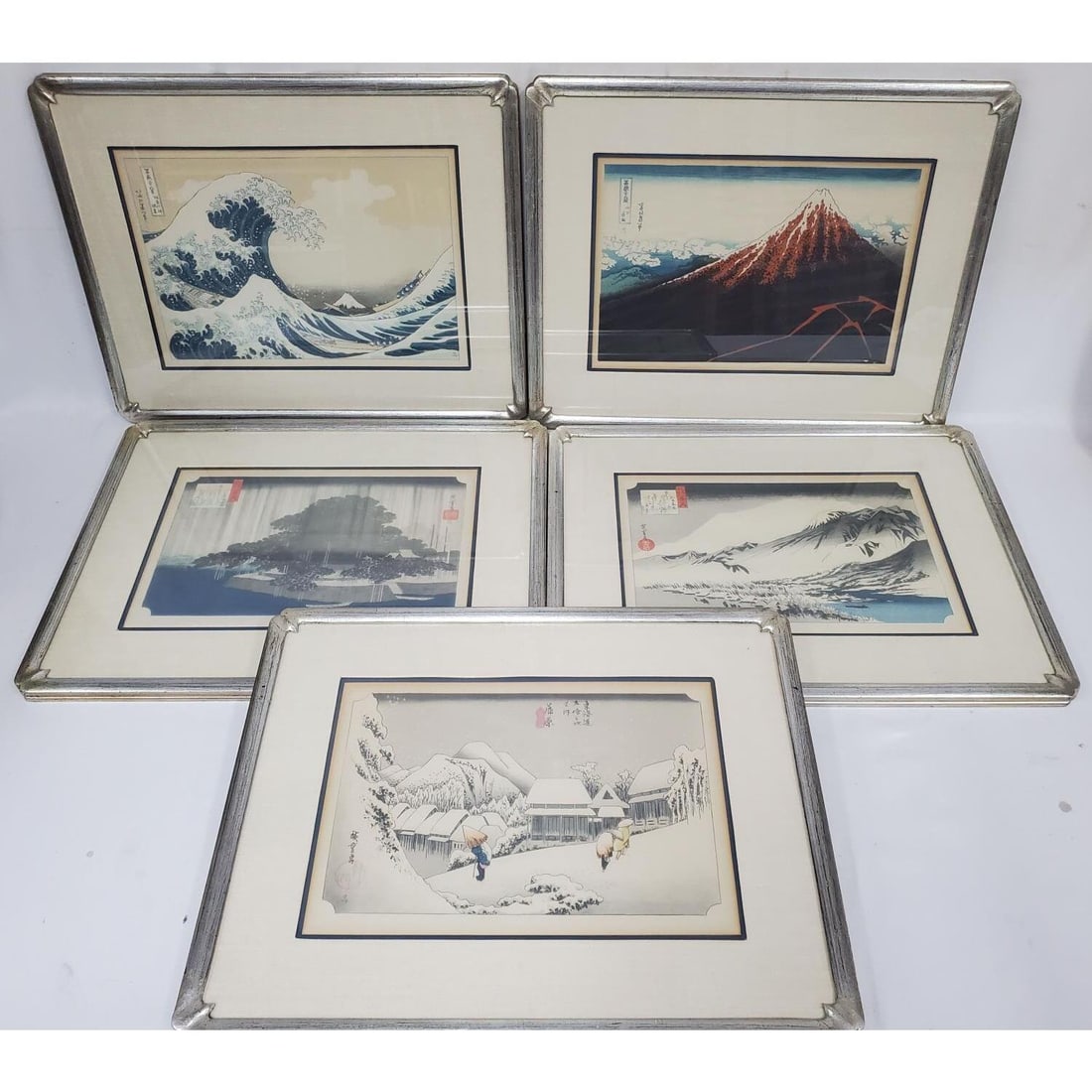 Lot of 5 Japanese Woodblock Prints: Lot of 5 Japanese Woodblock Prints by Utagawa Hiroshige and Katsushika Hokusai. All are Described on a Paper Label on the Verso. Framed Under Glass. Have Not Been Examined Out of Frames. Condition: Ge