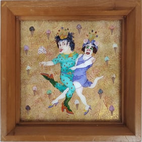 Unique Reverse Painting on Glass w/ Gold Leaf