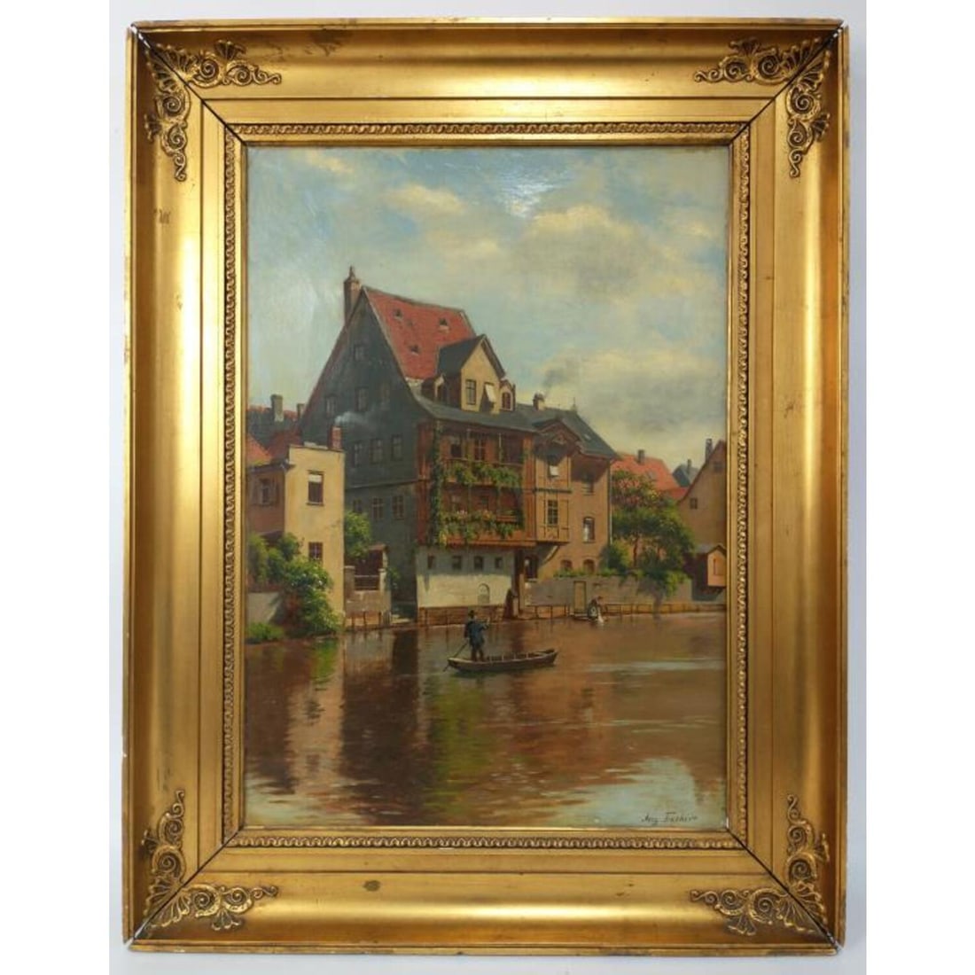 August Fischer, German (1854-1921) Painting O/C: August Fischer, German (1854-1921) Painting, Oil on Canvas "House on the River Near Nuremberg, Germany". In Original Frame. Condition: Generally Very Good. Dimensions: Sight-21.25" x 15.25". Frame-27"