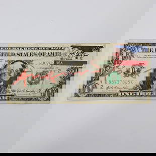 Attributed to Andy Warhol, Signed One Dollar Bill: Attributed to Andy Warhol, Signed One Dollar Bill. Signed w/ Red Marker. With U.S. Postal Stamp Dated Nov. 21 '79. Condition: Generally Good. Dimensions: 6" x 2.5". Provenance: From a Midwest Collecto