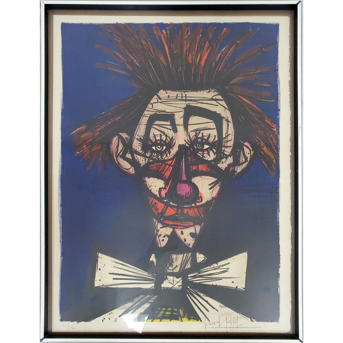 Bernard Buffet, French (1928-1999) Lithograph: Bernard Buffet, French (1928-1999) Signed & Numbered Lithograph "Clown". Circa 1968. Pen Signed Lower Right & Numbered 33/120 on Lower Left. In Original Frame Under Glass. Has Not Been Examined Out of