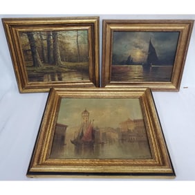 Antique Lot of 3 Signed Paintings, Oil on Canvas