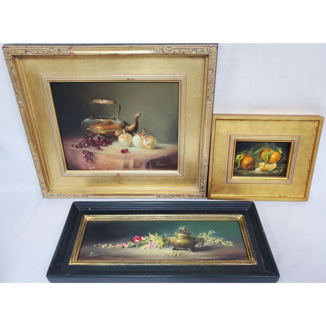 3 Olga Karpeisky, Russian (20th/21st C.) Paintings: Lot of 3 Olga Karpeisky, Russian, (20th/21st Century) Paintings, Oil on Canvas & Linen Including "Tangerines", "Chinese Censer", and "Still Life with Copper Pot, Onions, & Grapes". All are Signed and