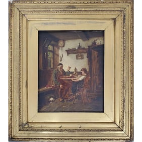 Antique Painting, Oil on Board "Interior Scene"