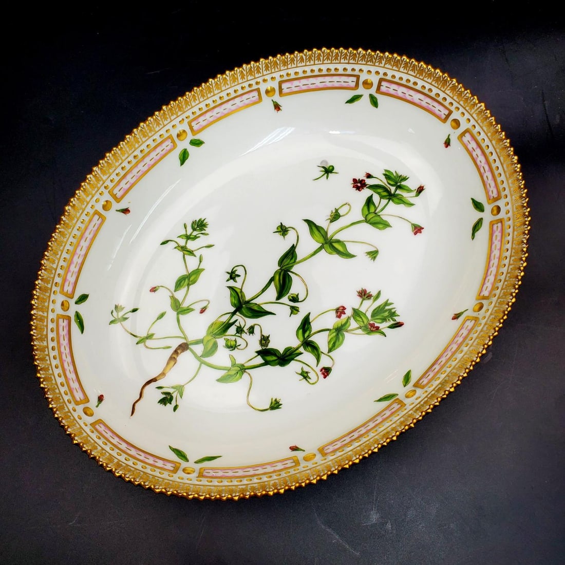 Royal Copenhagen Flora Danica Porcelain Bowl: Royal Copenhagen Flora Danica Porcelain Bowl "Anagallis Arvensisl". Fully Marked at the Bottom & Numbered. Condition: Excellent. Dimensions: L-9.6" x W-7.6" x H-1.9". Provenance: From a New York City
