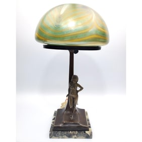 Loetz Art Glass Lamp Shade w/ Signed Bronze Base