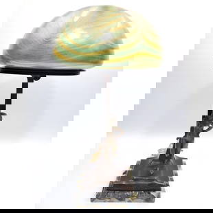 Loetz  Art Glass Lamp Shade w/ Signed Bronze Base: Fine Antique Austrian "Loetz" Pulled Feather Iridescent Art Glass Lamp Shade w/ Bronze Base By Ferdinand Lugerth, Austrian (1885-1915). Circa 1900. The Glass Shade is Unsigned. The Bronze is Fully Sig