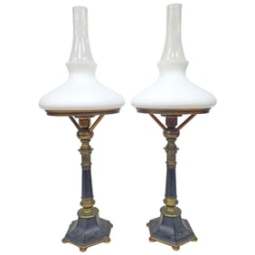 Pair of Antique Bronze & Milk Glass Electric Lamps