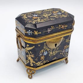 Antique Bohemian Enameled Black Glass Casket Box
