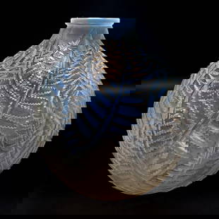 R. Lalique "Espalion" French Opalescent Glass Vase: R. Lalique "Espalion" French Opalescent Art Glass Vase. Circa 1927. Fully Signed at the Bottom & Numbered 996. Condition: Generally Very Good. Dimensions: H-7" x Dia-7". Provenance: From a Long Island