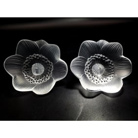 Lalique Pair of "Anemone" Art Glass Paperweights