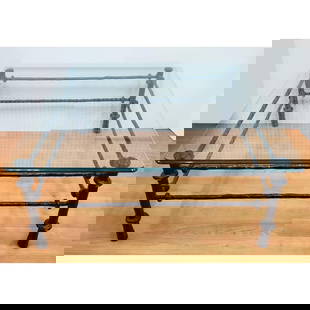 Style of Alberto Giacometti Vintage Coffee Table: Style of Alberto Giacometti Vintage Painted Metal & Glass Coffee Table. Condition: Generally Very Good. The Metal Has Oxidation & Losses to the Paint Due to Age. Dimensions: Glass-38" Square. Total H-