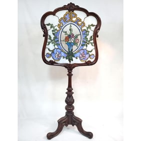 Antique Stained Glass & Carved Mahogany Screen