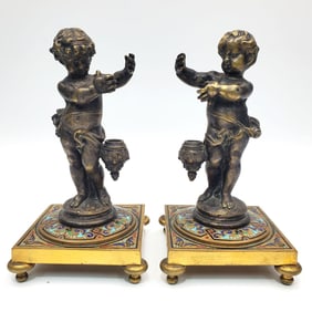 Antique Pair of French Bronze Cherubs on Champleve