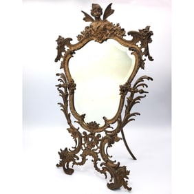 Antique French Bronze Beveled Easel Back Mirror