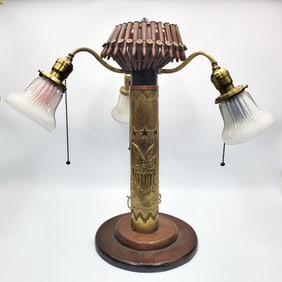 Unusual Antique Large Trench Art 3-Light Lamp