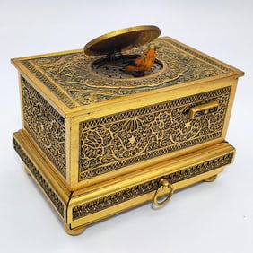 Rare Large Bronze Singing Bird Box w/ Drawer