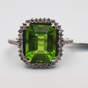 14K White Gold, Diamonds & Large Peridot Ring