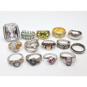 Group Lot of 12 Silver Rings w/ Various Stones