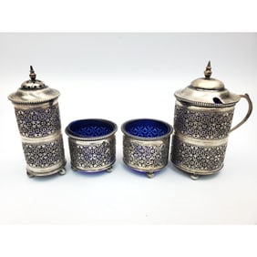 Antique Silver Filigree 4 Peice Condiment Set