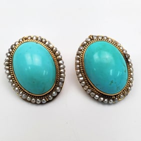 Pair of Early 14K Gold, Turquoise & Pearl Earrings