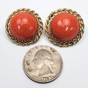 Pair of Large 14K Gold & Coral Earrings