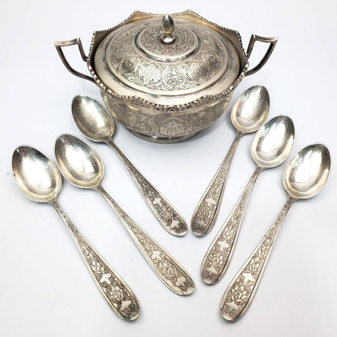Lot of Persian Silver Items Incl. a Dish & Spoons (1 of 6)