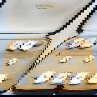 Tiffany & Co. Platinum, Gold, & Pearl Tuxedo Set: Rare Tiffany & Co Art Deco Platinum, 14K Gold, Pearl & Mother of Pearl Men's Tuxedo Full Dress Set Including a Pair of Cufflinks & 7 Shirt Studs. In Original Tiffany & Co Fitted Box. Each Item is Full