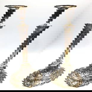 Pair Antique Gorham Weighted Silver Candlesticks: Rare Antique Pair of Gorham Sterling Silver Weighted Candlesticks w/ Decorations of Eagles. Fully Marked at the Bottom & Numbered A12642. Condition: Generally Very Good. Dimensions: H-12" Each. Proven
