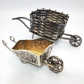 Lot of 2 Unusual Silver Wheel Barrel Figures