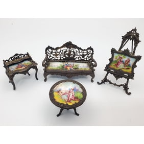 Antique 4pc Sterling Silver & Enamel Miniature Set