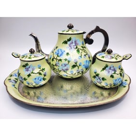 Korean Pure 999 Silver Cloisonne Enamel Tea Set