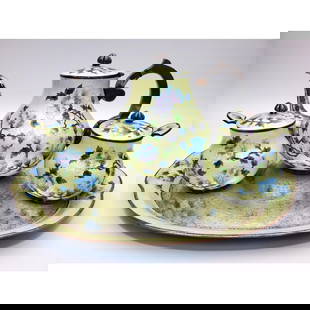 Korean Pure 999 Silver Cloisonne Enamel Tea Set: Fine Korean Pure 999 Silver Cloisonne Enamel Tea Set Including a Tray, Teapot, 2 Sugars, & 2 Spoons. Fully Hallmarked. Condition: Generally Very Good. There Are Some Minor Separations on One End of th