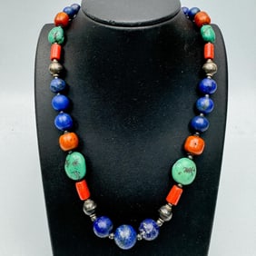 Chinese Silver Mounted, Turquoise, Coral Necklace