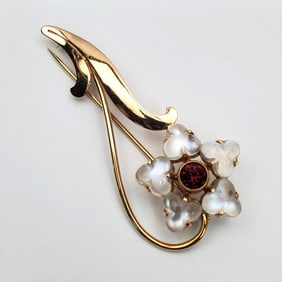 Fine Large 14K Gold, Moonstone, & Garnet Pin