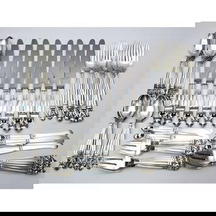 56pc Georg Jensen Denmark "Acorn" Sterling Silver: 56 Piece Georg Jensen Denmark "Acorn" Pattern Sterling Silver Flatware Set Including 16 Salad Forks, 8 Soup Spoons, 8 Dinner Forks, 8 Dinner Knives, 8 Tea Spoons, & 8 Butter Knives. All Are Fully Mark