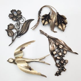 Lot of 4 Large Vintage Silver Brooches